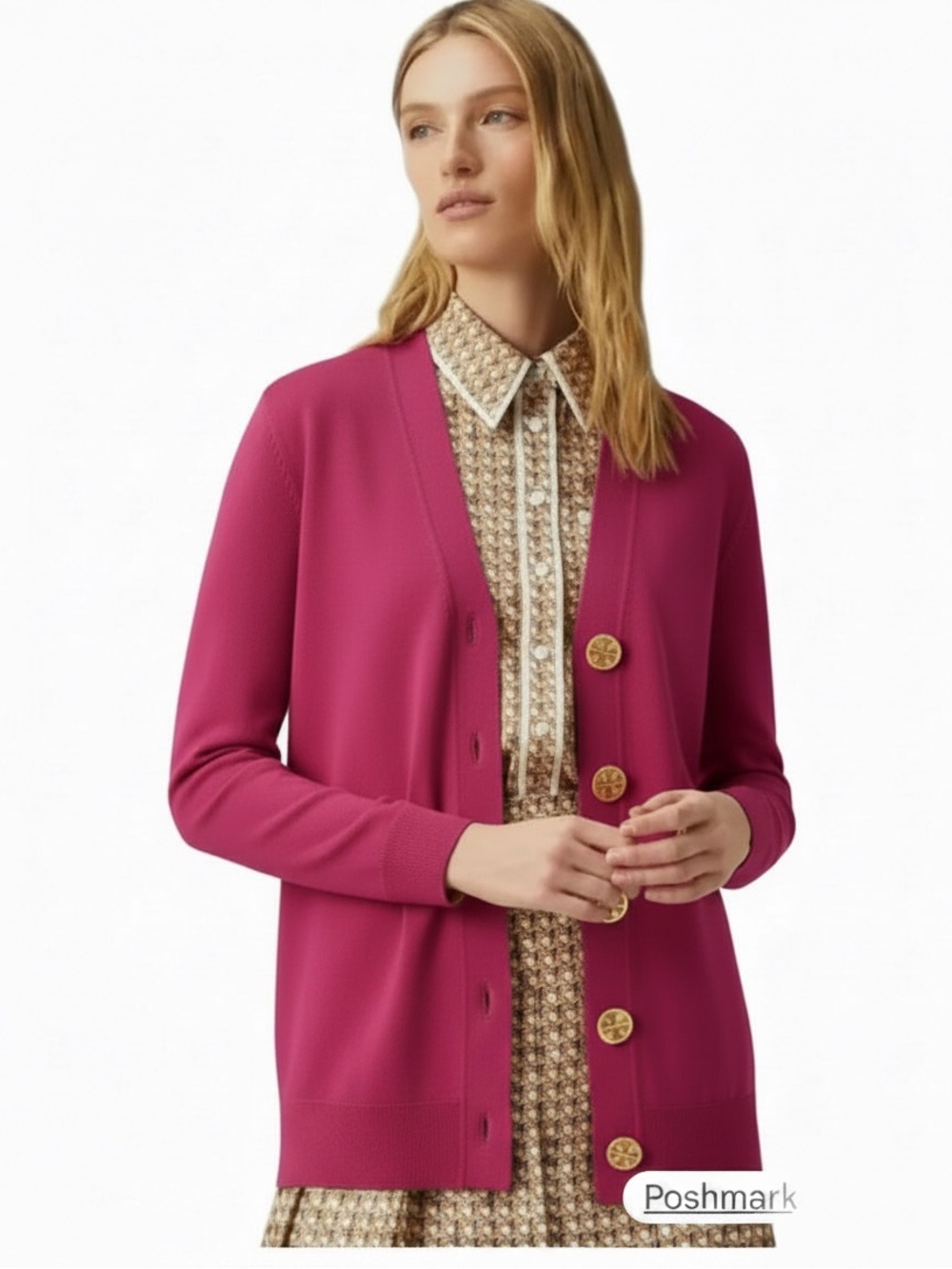 Tory Burch Merino Wool Pink Gold Button Cardigan Sweater